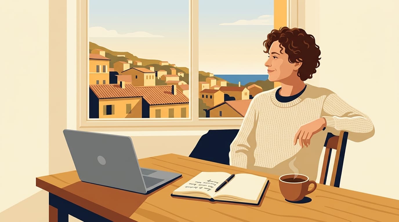 Person at a wooden desk, laptop closed, looking out a sunlit Mediterranean window with a notebook and coffee