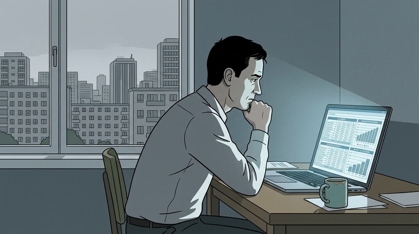 Same person at the same desk, laptop open with a spreadsheet glowing, posture hunched, coffee cold and untouched